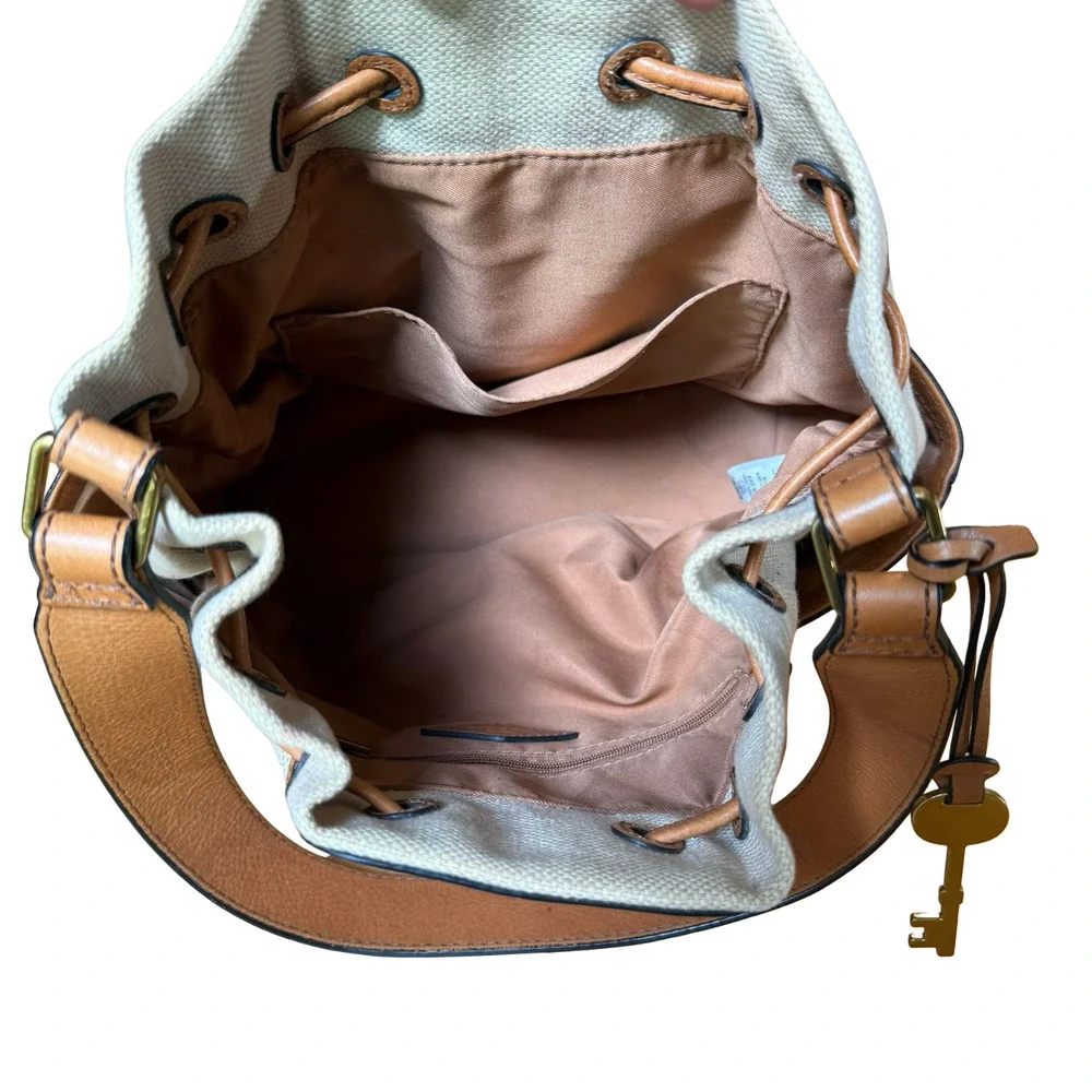 Fossil Leather & Canvas Tan Handbag Shoulder Bag Drawstring Bucket Purse 13x11x6